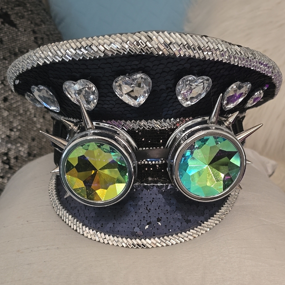 Black Sequin Captain Hat with Gem Accents